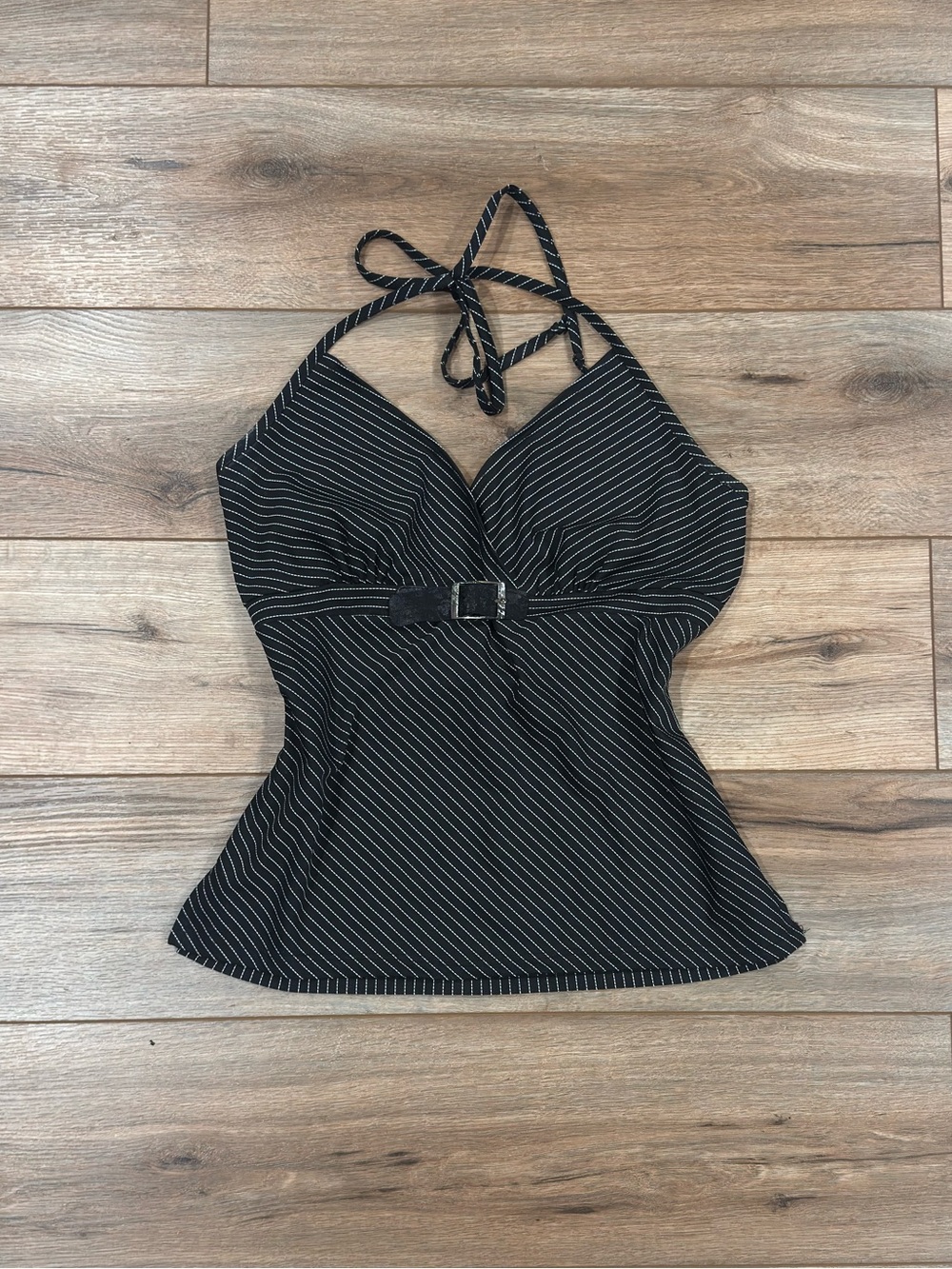 GEMINI Vintage 90s Made in USA Office Siren Black Pinstripe Halter Top | Sz S